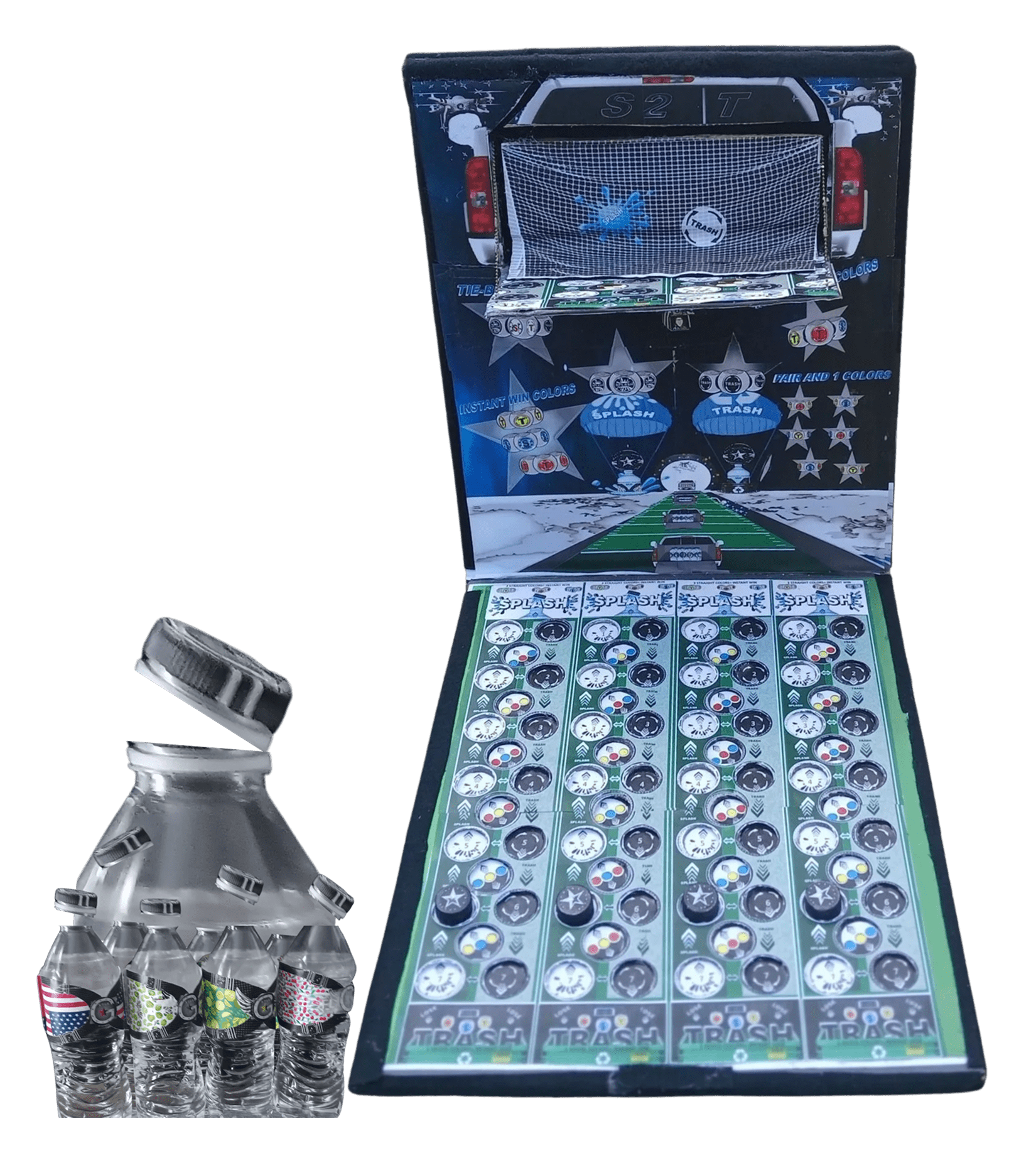 Board game with cards and bottled drinks.