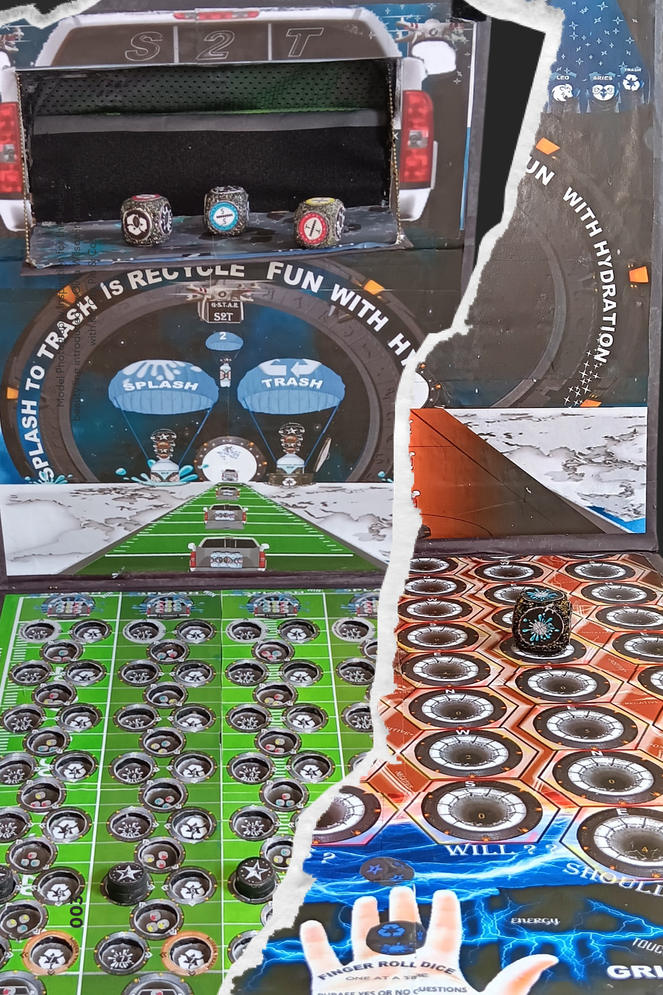 Board game with colorful dice and patterns.