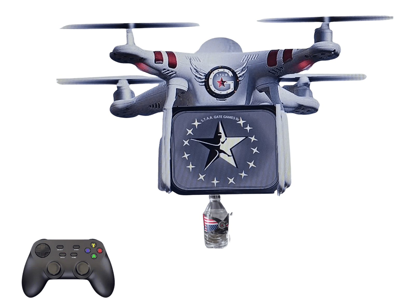 Drone with remote and a bottled drink.