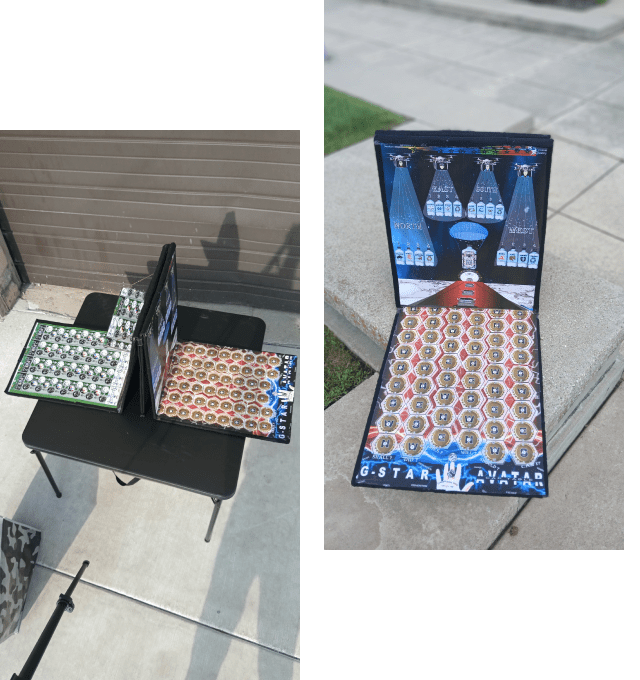 Two opened board games on outdoor tables.