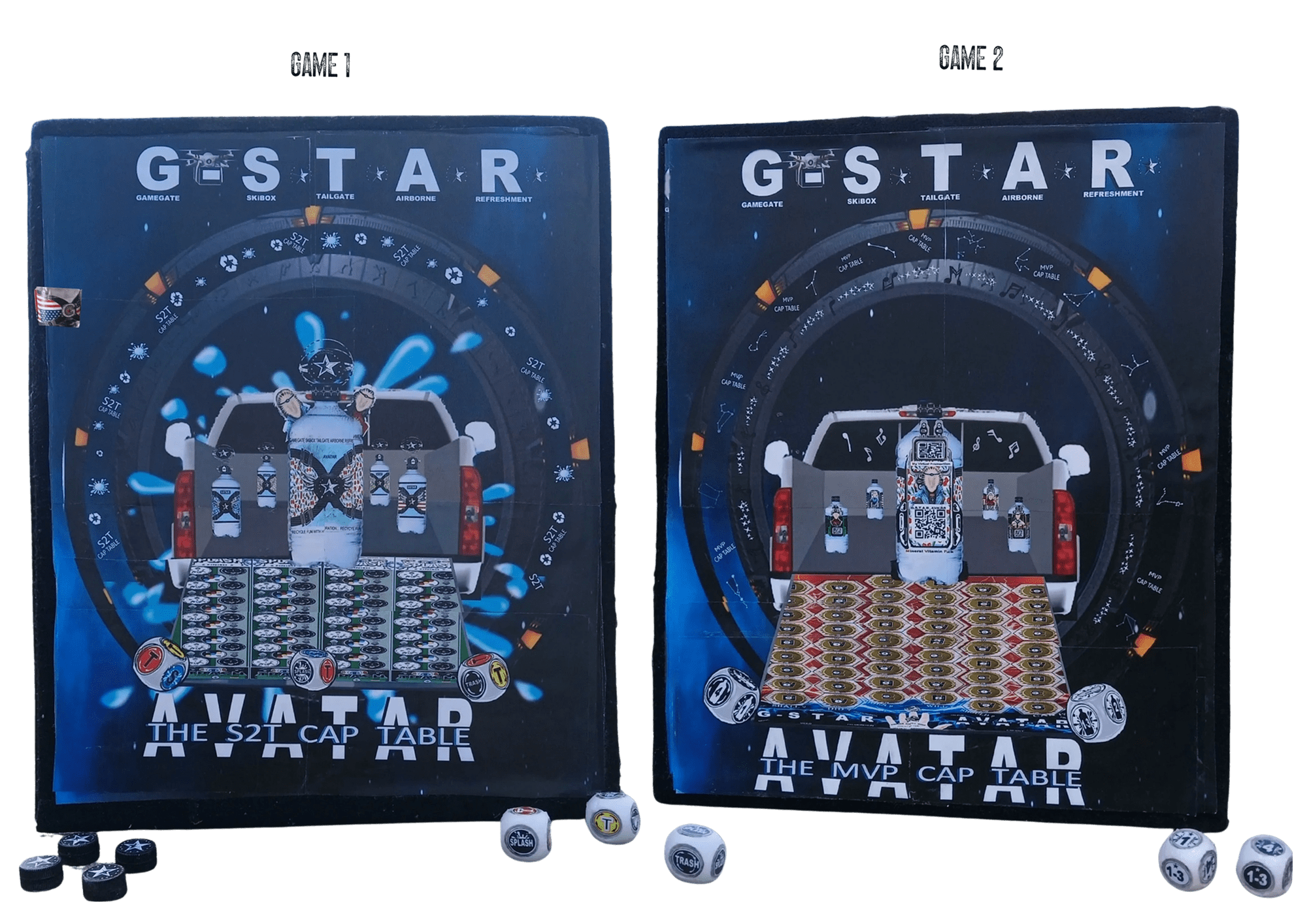 Two G-STAR board games with dice.